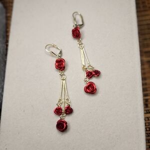 Gold with Red Rose Flowers Dangle Earrings